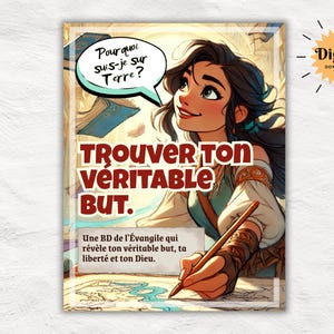 May include: Digital download featuring a cartoon illustration of a woman with dark hair, looking upwards and smiling. Text includes "Pourquoi suis-je sur Terre?" and "TROUVER TON VERITABLE BUT." The image has a "Digital Download" sticker.