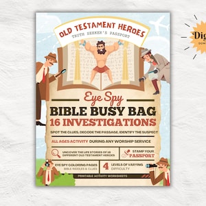 May include: A colorful digital download graphic with the text "Old Testament Heroes" and "Eye Spy Bible Busy Bag 16 Investigations." The image features cartoon illustrations of people and a book, with the words "Digital Download" in a starburst.