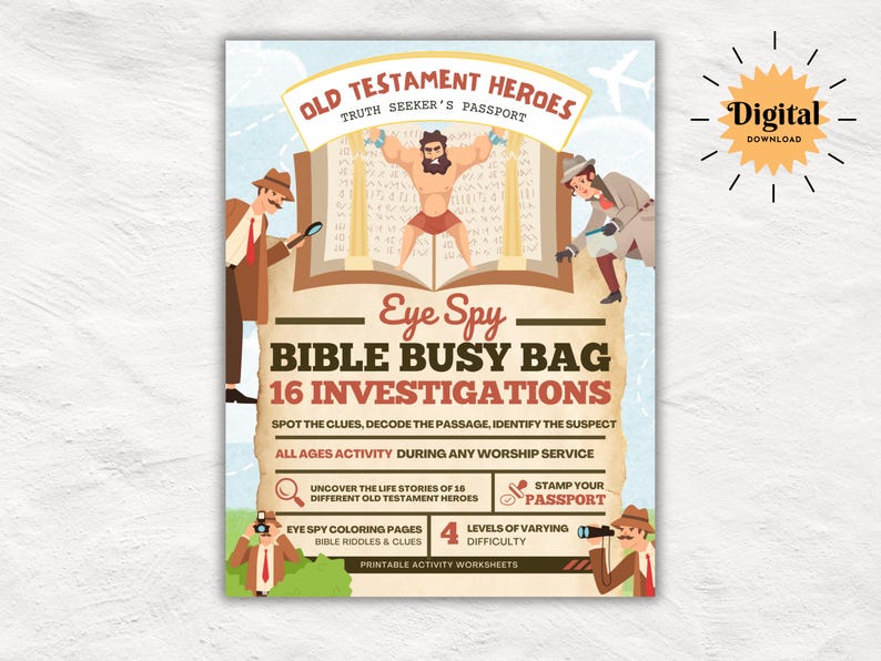 May include: A colorful digital download graphic with the text "Old Testament Heroes" and "Eye Spy Bible Busy Bag 16 Investigations." The image features cartoon illustrations of people and a book, with the words "Digital Download" in a starburst.