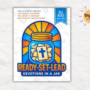 Puede incluir: Gráfico de descarga digital con un tarro azul lleno de tarjetas, cada una con una cruz. El tarro está sobre un fondo de estilo vidriera azul, naranja y amarillo. El texto dice "READY-SET-LEAD" y "DEVOTIONS IN A JAR".