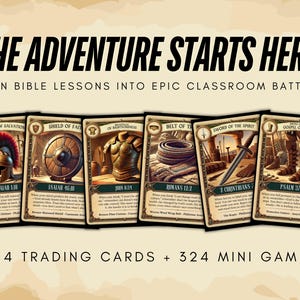 May include: Image of trading cards with illustrations of biblical armor and weapons. The text "THE ADVENTURE STARTS HERE" is at the top. The cards are labeled with Bible verses and include 324 trading cards and 324 mini games.