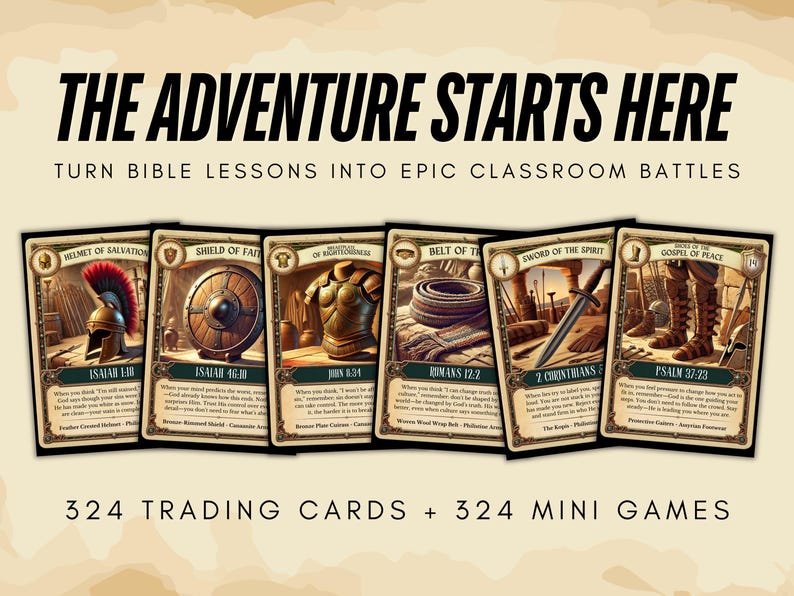 May include: Image of trading cards with illustrations of biblical armor and weapons. The text "THE ADVENTURE STARTS HERE" is at the top. The cards are labeled with Bible verses and include 324 trading cards and 324 mini games.