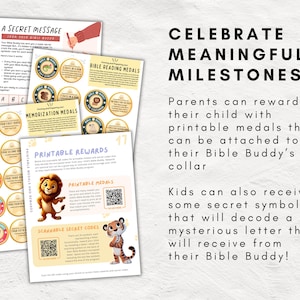 May include: Printable reward medals for children featuring colorful illustrations of animals, including a lion and a tiger. The medals are designed to be attached to a collar and can be used to celebrate milestones. The text on the page reads "Celebrate Meaningful Milestones".