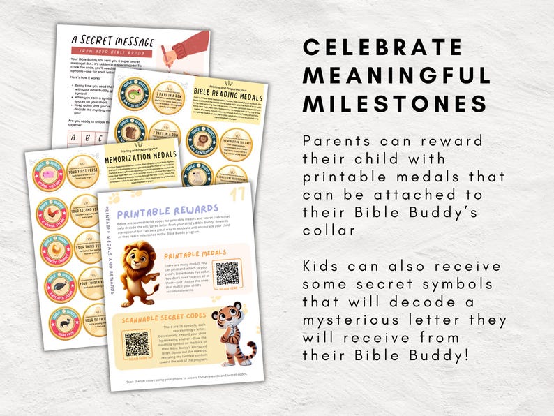 May include: Printable reward medals for children featuring colorful illustrations of animals, including a lion and a tiger. The medals are designed to be attached to a collar and can be used to celebrate milestones. The text on the page reads "Celebrate Meaningful Milestones".