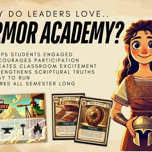 May include: An illustration promoting "Armor Academy." The image features a cartoon of a smiling woman holding a helmet, with text that reads "Why do leaders love Armor Academy?" and bullet points. Also shown are game cards and a game board.