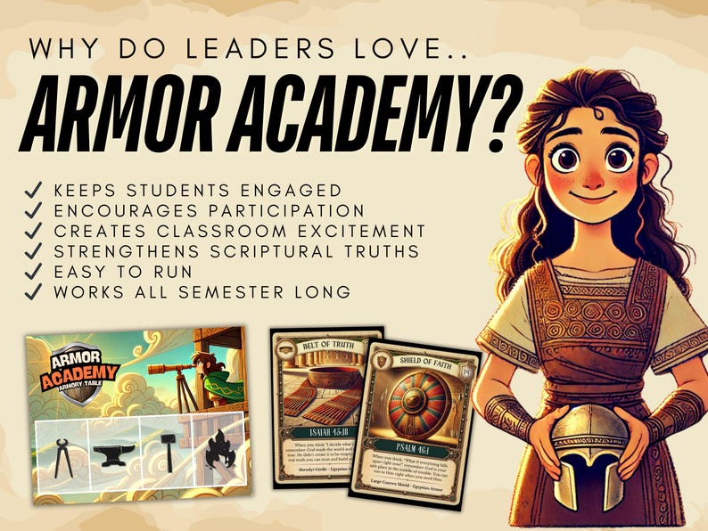 May include: An illustration promoting "Armor Academy." The image features a cartoon of a smiling woman holding a helmet, with text that reads "Why do leaders love Armor Academy?" and bullet points. Also shown are game cards and a game board.