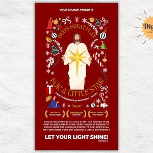 Op de afbeelding: Een rode poster met een kerstthema. Het bevat een cartoonafbeelding van Jezus met een ster achter hem. De tekst luidt "Gods grote plan voor een kleine ster".