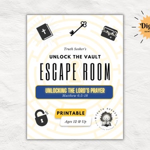 Könnte beinhalten: Ein druckbares Escape-Room-Spiel für 12 Jahre und älter. Das Spiel dreht sich um das Entsperren des Vaterunsers. Das Spiel enthält ein Labyrinth, einen Schlüssel, eine Schatztruhe und eine Bibel. Das Spiel ist ein digitaler Download.