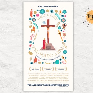 Op de afbeelding: Een kleurrijke poster voor een kerkspel met de titel "De kleine vogel die een koning vond". De poster toont een kruis met een figuur erop, omringd door bloemen, kronen en andere symbolen. Het spel is gepland voor 23 maart om 19:00 uur.