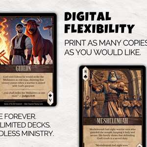May include: Two playing cards with illustrations of biblical figures. One card features Gideon with a bull and text. The other card shows Meshelemiah. Text on the cards includes "Digital Flexibility" and "Print as many copies as you would like."