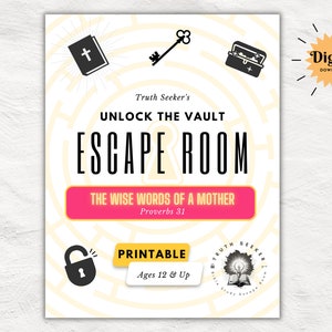 Può includere: Gioco di escape room stampabile con un design a labirinto e il testo "Unlock the Vault Escape Room The Wise Words of a Mother Proverbs 31". Il gioco è per ragazzi dai 12 anni in su.