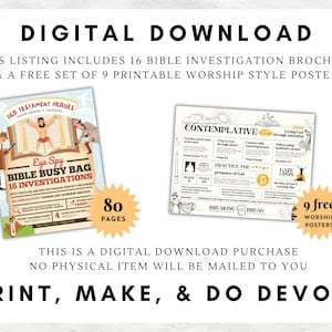 May include: Digital download featuring two printable items. One is a brochure titled "Eye Spy Bible Busy Bag" with 16 investigations and 80 pages. The other is a set of 9 free worship posters. The text reads "Print, Make, & Do Devos!"