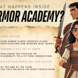 May include: An illustrated poster with the text "ARMOR ACADEMY?" and a list of activities. The image features two cartoon characters, a man holding a sword and a smiling woman. The background is a parchment-like texture.