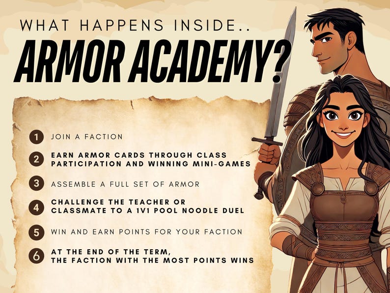 May include: An illustrated poster with the text "ARMOR ACADEMY?" and a list of activities. The image features two cartoon characters, a man holding a sword and a smiling woman. The background is a parchment-like texture.
