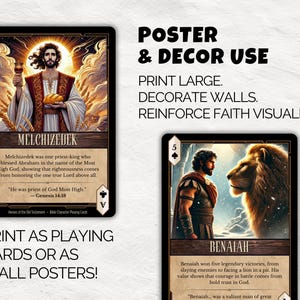 May include: Two playing cards or wall posters featuring biblical figures. One card shows Melchizedek holding a chalice and bread, with text. The other card depicts Benaiah and a lion, with text. The text reads "Poster & Decor Use" and "Print as playing cards or as wall posters!"