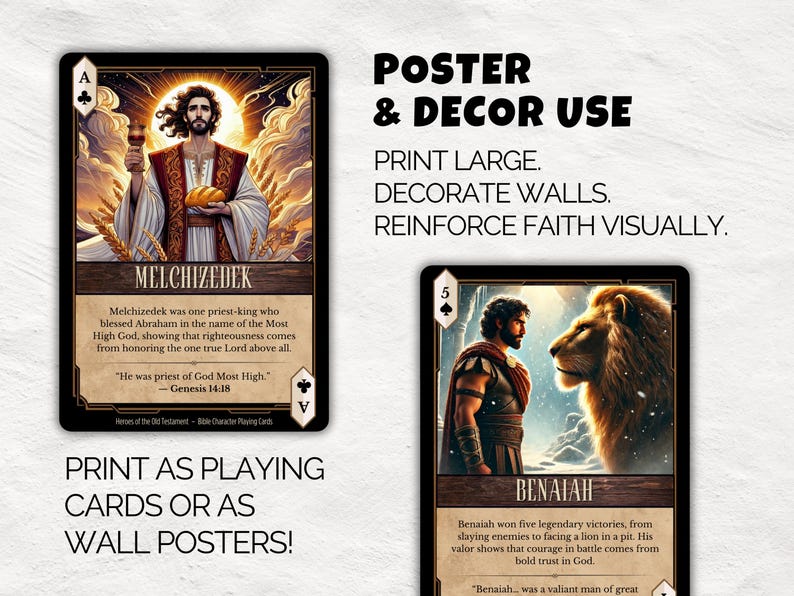 May include: Two playing cards or wall posters featuring biblical figures. One card shows Melchizedek holding a chalice and bread, with text. The other card depicts Benaiah and a lion, with text. The text reads "Poster & Decor Use" and "Print as playing cards or as wall posters!"