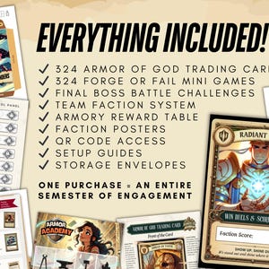 May include: An image showcasing a tabletop game set. The image includes trading cards, mini-games, battle challenges, a team faction system, reward table, posters, QR code access, setup guides, and storage envelopes. Text reads "Everything Included!"