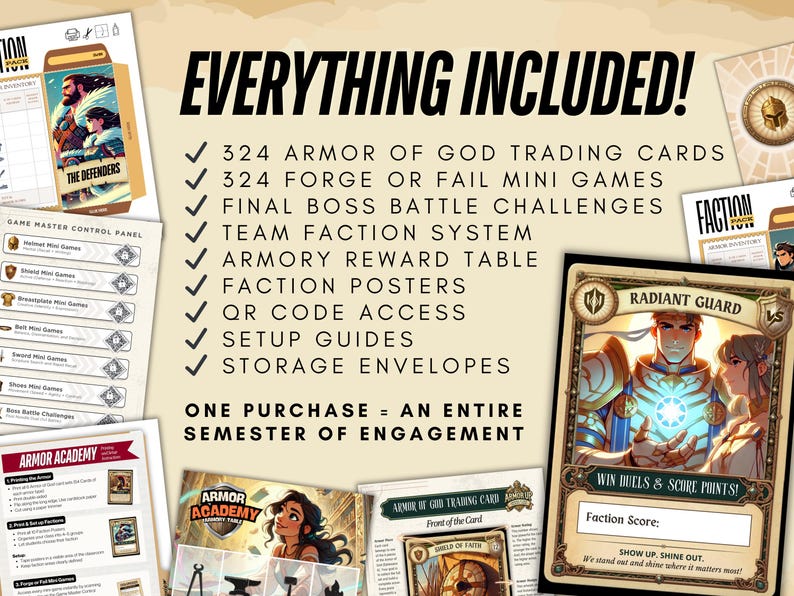May include: An image showcasing a tabletop game set. The image includes trading cards, mini-games, battle challenges, a team faction system, reward table, posters, QR code access, setup guides, and storage envelopes. Text reads "Everything Included!"