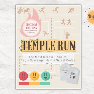 May include: A printable game called "Temple Run" with a pink and white color scheme. The game is described as "The Most Intense Game of Tag + Scavenger Hunt + Secret Codes". The game is for ages 5-18.