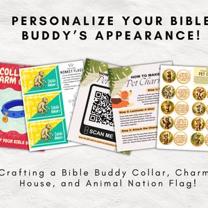May include: A set of printable craft instructions for making a Bible Buddy collar, charm, house, and animal nation flag. The instructions include a QR code to scan for more information. The instructions are colorful and feature illustrations of monkeys and other animals.