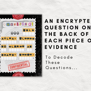 May include: A black and white image of a coded message with the text "Question #1" and "Confidential". The message is a grid of symbols and letters. The text "An Encrypted Question on the Back of Each Piece of Evidence" is written in black text on a white background.