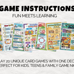 May include: A collection of colorful game instruction cards with titles like "How to Play Crazy Eights" and "Cheat". The cards feature illustrations and text, with the headline "GAME INSTRUCTIONS" and the tagline "FUN MEETS LEARNING". The text also says "PLAY 20 UNIQUE CARD GAMES WITH ONE DECK!"