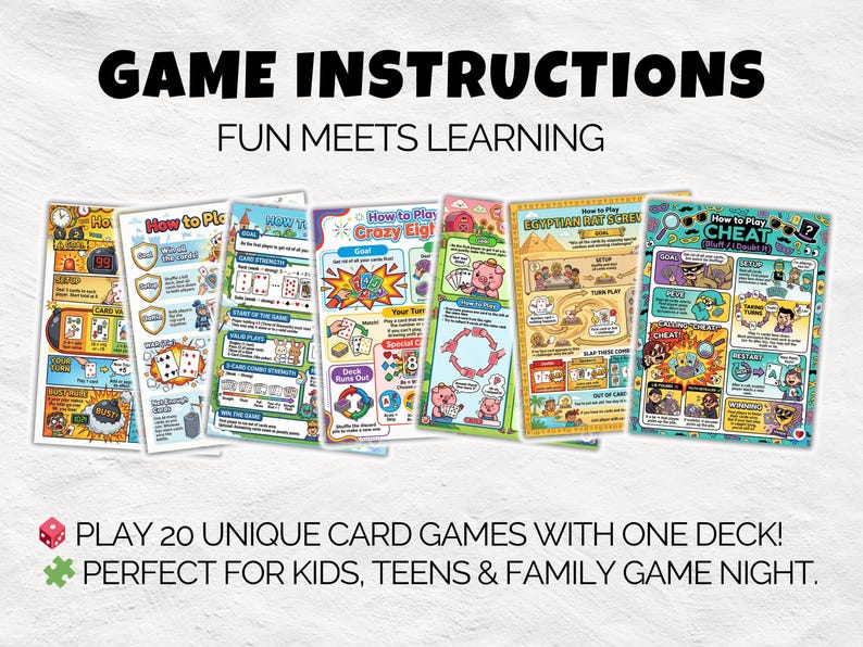 May include: A collection of colorful game instruction cards with titles like "How to Play Crazy Eights" and "Cheat". The cards feature illustrations and text, with the headline "GAME INSTRUCTIONS" and the tagline "FUN MEETS LEARNING". The text also says "PLAY 20 UNIQUE CARD GAMES WITH ONE DECK!"