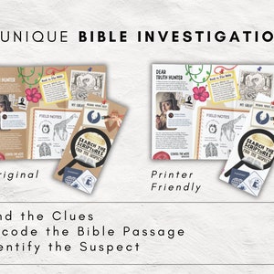 May include: Two versions of a Bible investigation game are shown, labeled "Original" and "Printer Friendly." The game features a detective theme with the text "16 Unique Bible Investigations." The game includes the phrases "Find the Clues," "Decode the Bible Passage," and "Identify the Suspect."