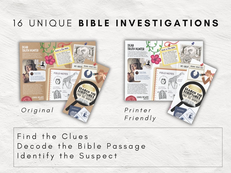 May include: Two versions of a Bible investigation game are shown, labeled "Original" and "Printer Friendly." The game features a detective theme with the text "16 Unique Bible Investigations." The game includes the phrases "Find the Clues," "Decode the Bible Passage," and "Identify the Suspect."