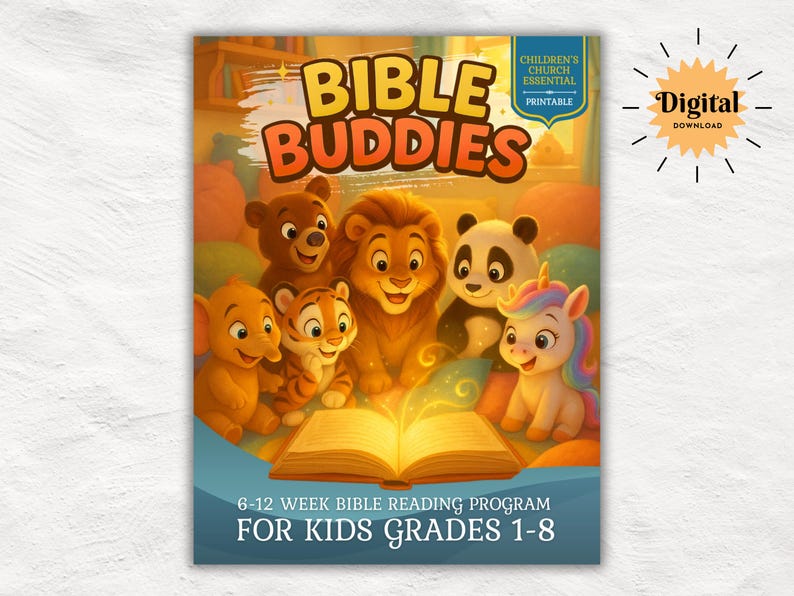 May include: A colorful illustration of animal friends gathered around an open book. The title "Bible Buddies" is displayed in large, bold letters. The text below reads "6-12 Week Bible Reading Program for Kids Grades 1-8".
