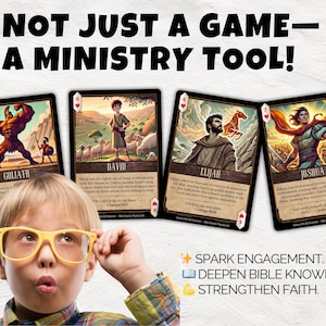 May include: A young child wearing yellow glasses looks at four illustrated Bible cards. The cards feature characters like Goliath, David, Elijah, and Joshua. Text on the cards and below the cards reads "NOT JUST A GAME - A MINISTRY TOOL!" and "SPARK ENGAGEMENT. DEEPEN BIBLE KNOWLEDGE. STRENGTHEN FAITH."