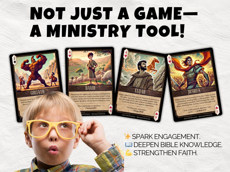 May include: A young child wearing yellow glasses looks at four illustrated Bible cards. The cards feature characters like Goliath, David, Elijah, and Joshua. Text on the cards and below the cards reads "NOT JUST A GAME - A MINISTRY TOOL!" and "SPARK ENGAGEMENT. DEEPEN BIBLE KNOWLEDGE. STRENGTHEN FAITH."