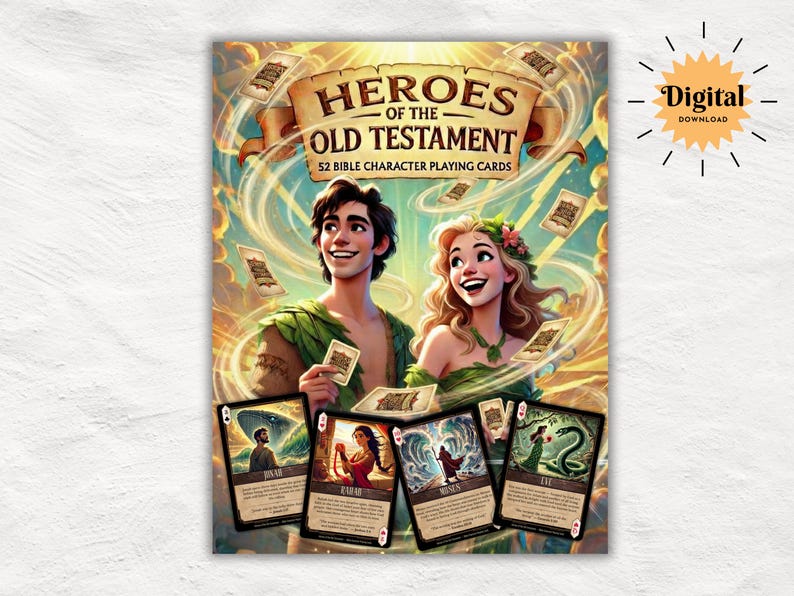 May include: A digital download of a poster featuring the text "Heroes of the Old Testament" above an illustration of a man and woman holding playing cards. The poster includes 52 Bible character playing cards.