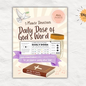 以下が含まれることがあります： 白い鳩、神の言葉の入った瓶、聖書が描かれた、印刷可能な祈りの本のデジタルダウンロードです。タイトルは「神の言葉の毎日の摂取量」です。