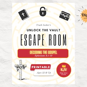 May include: A printable escape room game for ages 12 and up. The game is themed around unlocking the vault and decoding the gospel. The game is a digital download and is in the King James Version.