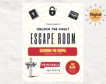 Puede incluir: Un juego de escape room imprimible para mayores de 12 años. El juego está ambientado en torno a la apertura de la bóveda y la decodificación del evangelio. El juego es una descarga digital y está en la versión King James.