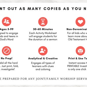 May include: White printable worksheet with red circular icons and text. The text includes "Print Out As Many Copies As You Need", "Ages 5-99", "30-60 Minutes", "Non-Denominational", "No Prep!", "Analytical & Creative", and "Print & Use Today".