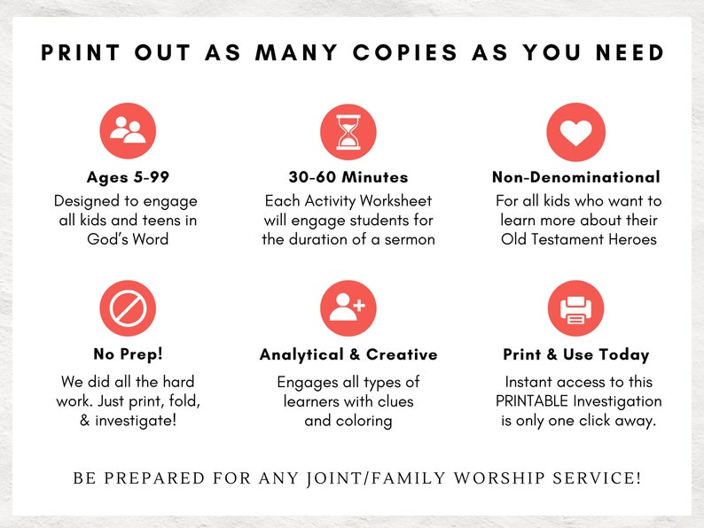 May include: White printable worksheet with red circular icons and text. The text includes "Print Out As Many Copies As You Need", "Ages 5-99", "30-60 Minutes", "Non-Denominational", "No Prep!", "Analytical & Creative", and "Print & Use Today".