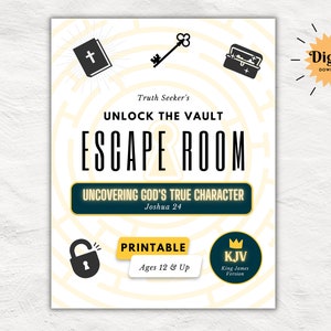 May include: Printable escape room game for ages 12 and up. The game is themed around uncovering God's true character, with a maze design and a key, bible, and treasure chest. The game is a digital download and is in the King James Version.