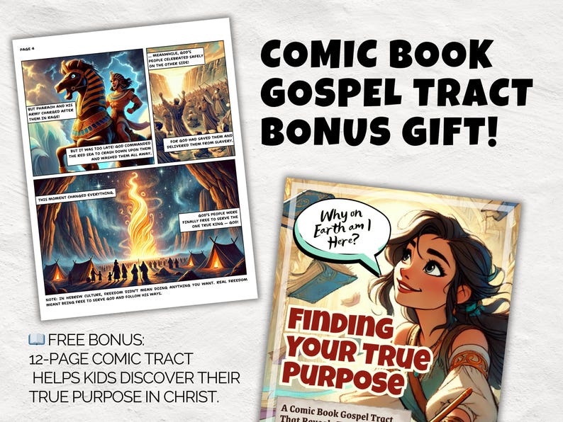 May include: Comic book gospel tract with a bonus gift. The image shows a comic book page with illustrations and text, and a second comic book cover with a girl and the text "Finding Your True Purpose".