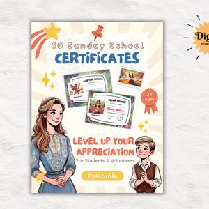 Certificados de Conquista de Personagens Bíblicos e Pacote de Cartões Postais | 60 Prêmios para Imprimir para Igreja e Escola Dominical | Para Estudantes e Voluntários