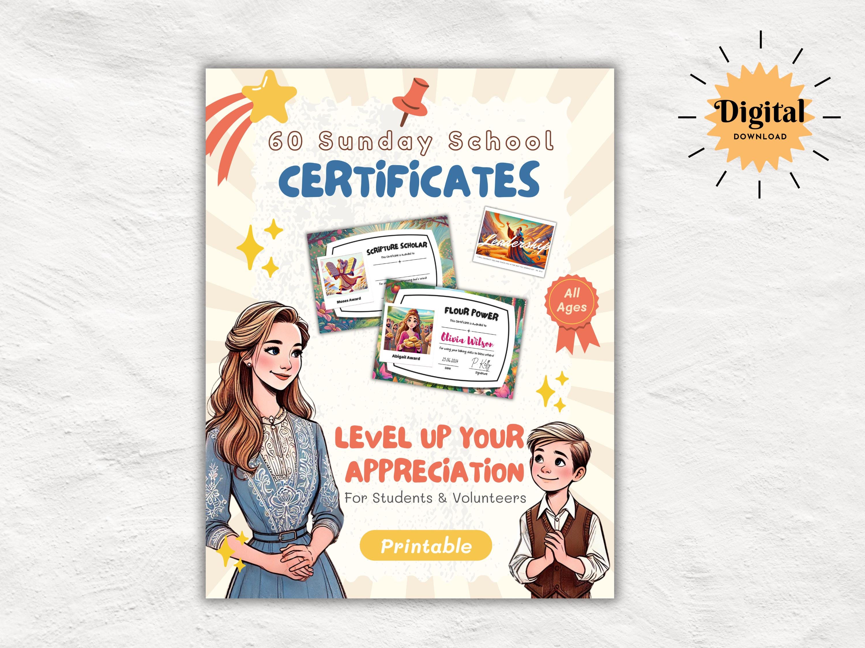 Bible Character Achievement Certificates and Postcard Bundle | 60 Printable Awards for Church & Sunday School | For Students and Volunteers