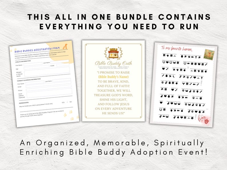 May include: A printable bundle for a Bible Buddy adoption event. The bundle includes a registration form, a Bible Buddy oath, and a code sheet for a secret message. The text on the oath reads "I promise to raise (Bible Buddy's Name) to be brave, kind, and full of faith! Together, we will treasure God's word, shine His light, and follow Jesus on every adventure He sends us!"