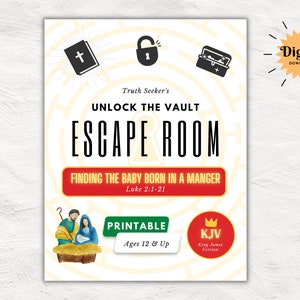 May include: Printable escape room game for ages 12 and up. The game is based on the story of the baby Jesus being born in a manger. The game features a maze, a lock, a treasure chest, and a Bible. The game is in the King James Version.