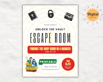 May include: Printable escape room game suitable for ages 12 and up. The game is based on the story of the baby Jesus being born in a manger. The game features a maze, a lock, a treasure chest, and a Bible. The game is in the King James Version.