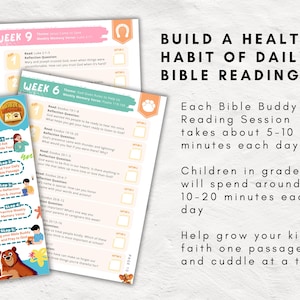 May include: A printable worksheet for children to use for daily Bible reading. The worksheet includes a schedule for reading, reflection questions, and memory verses. The worksheet is pink and orange with a cartoon bear and a horseshoe.
