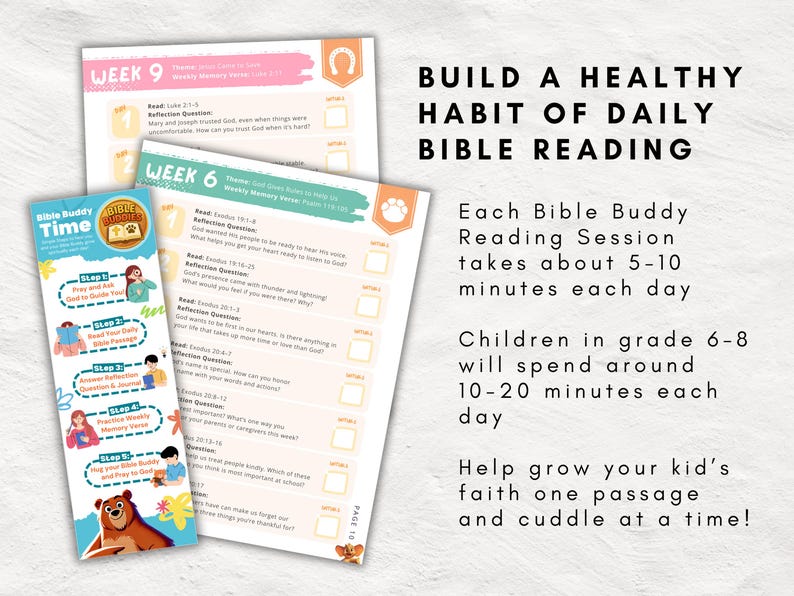 May include: A printable worksheet for children to use for daily Bible reading. The worksheet includes a schedule for reading, reflection questions, and memory verses. The worksheet is pink and orange with a cartoon bear and a horseshoe.