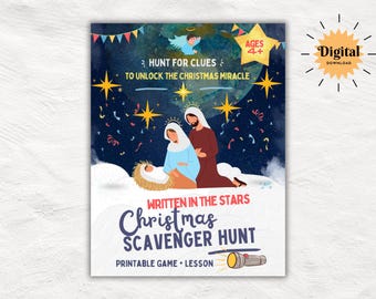 May include: A printable Christmas scavenger hunt game for ages 4 and up. The game features a colorful illustration of the nativity scene with Mary, Joseph, and baby Jesus. The text "Written in the Stars Christmas Scavenger Hunt" is printed in bold letters. The game is described as a printable game and lesson.