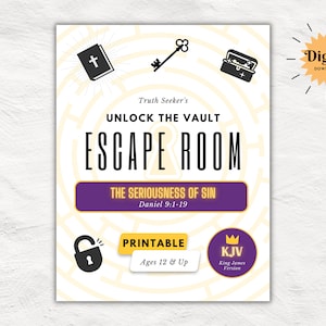 May include: A digital printable escape room game, "Unlock the Vault Escape Room". The design includes a maze background and icons of a bible, key, and treasure chest. The game's theme is "The Seriousness of Sin" for ages 12 and up.