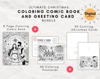 Pacchetto di disegni da colorare cristiani di Natale / Fumetto da colorare di 8 pagine / 44 cartoline e biglietti di auguri di Natale / Kit stampabile per tutte le età